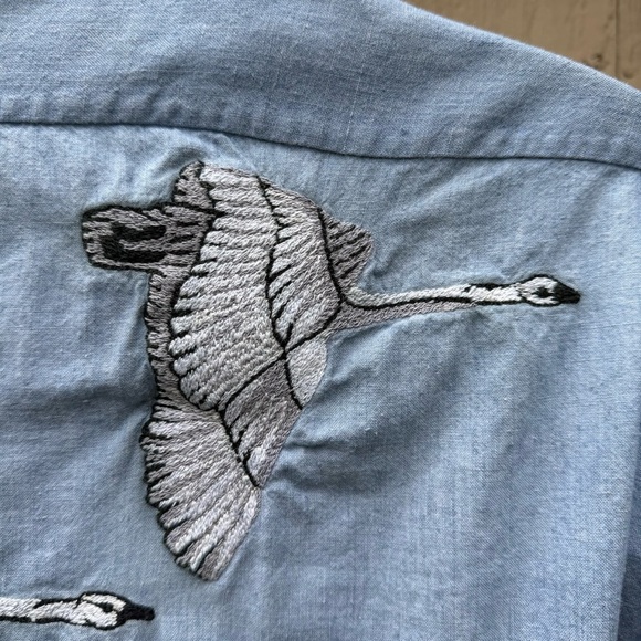 Vintage 70s Sears Women’s Cotton Long Sleeve Button-Up Embroidered Cranes S - Picture 6 of 9